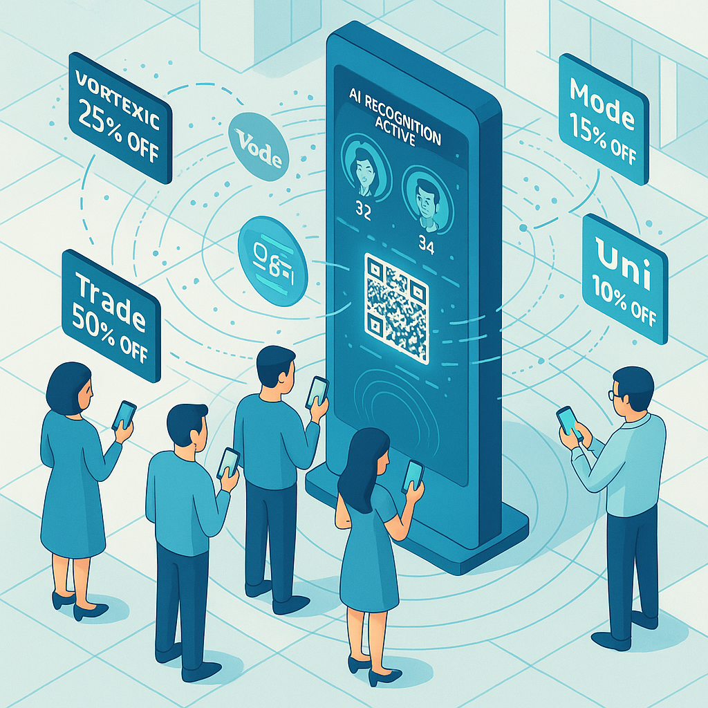 Tótem interactivo de PopAds AI con reconocimiento facial y QR